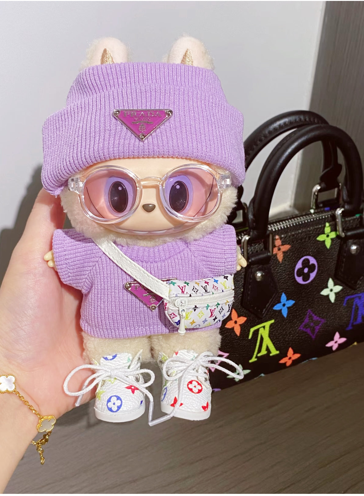 Labubu Clothing – Lavender Ribbed Knit & Monogram Accessory Set